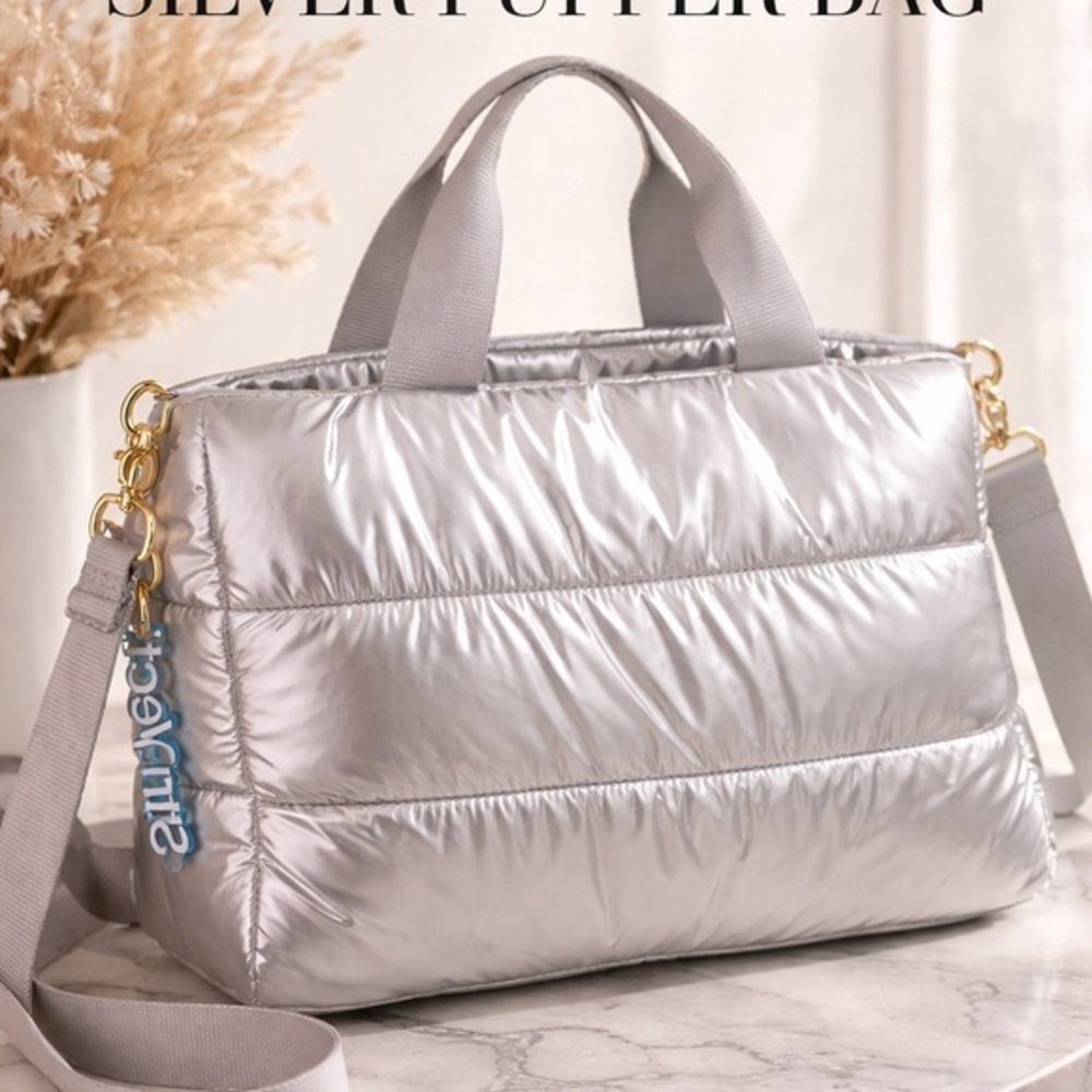 Silver Quilted Puffer Shoulder Bag w/ Strap | Metallic Trendy Tote